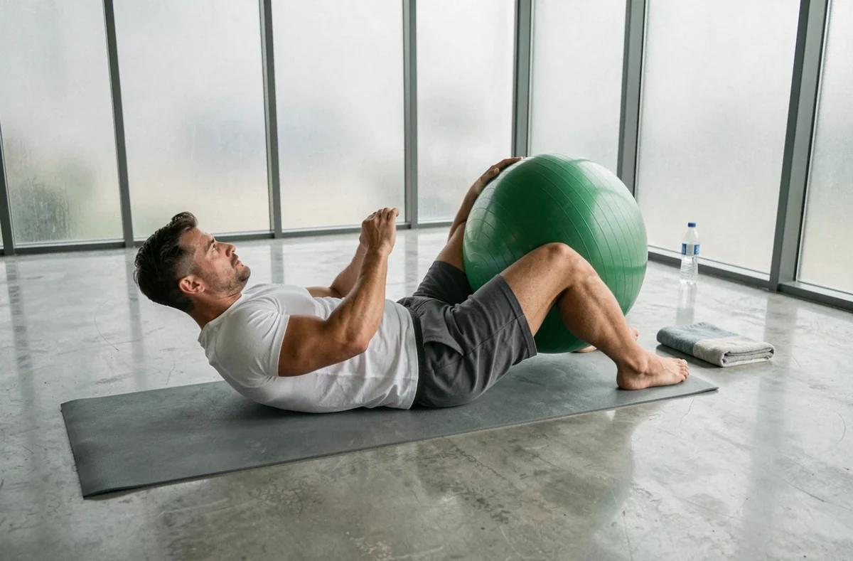 Homme effectuant des abdominaux avec un ballon de stabilité vert sur un tapis de yoga dans un studio