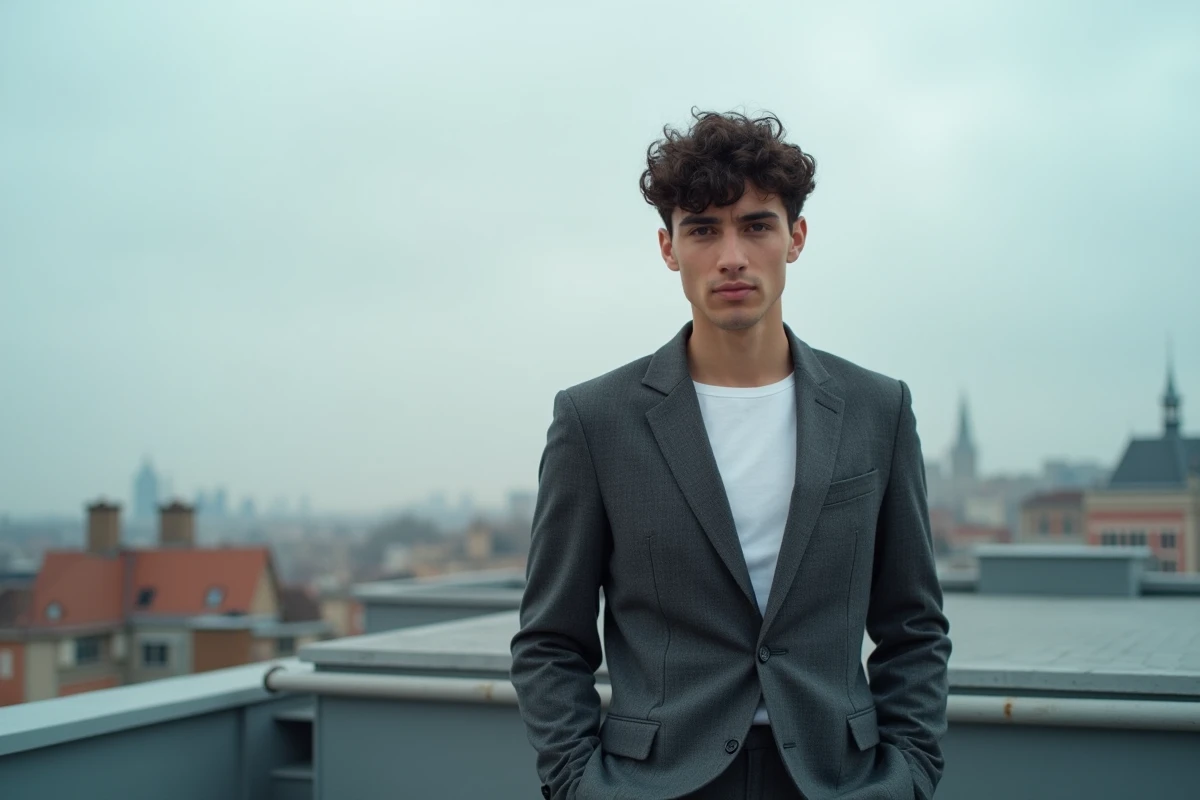 Acteur en pleine ascension posant sur une terrasse urbaine européenne, look professionnel blazer gris, photographie éditoriale trois quarts