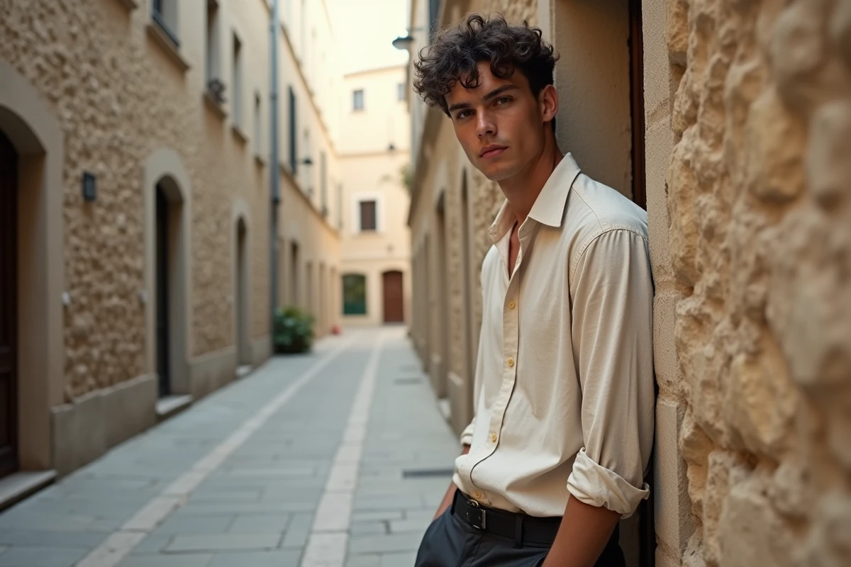 Jeune acteur en chemise lin blanc dans une ruelle pavée européenne, portrait en pied atmosphérique et naturel pour article biographie