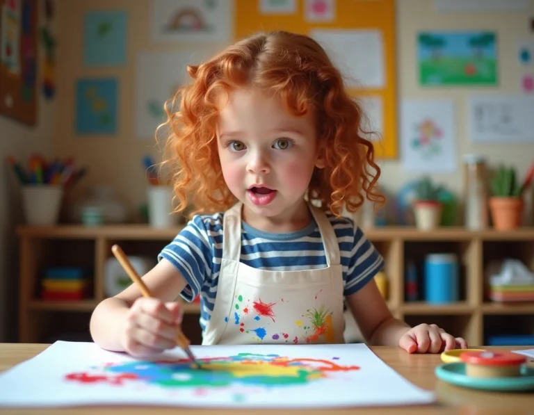 Jeune fille concentrée en train de peindre à la table d'un atelier créatif coloré