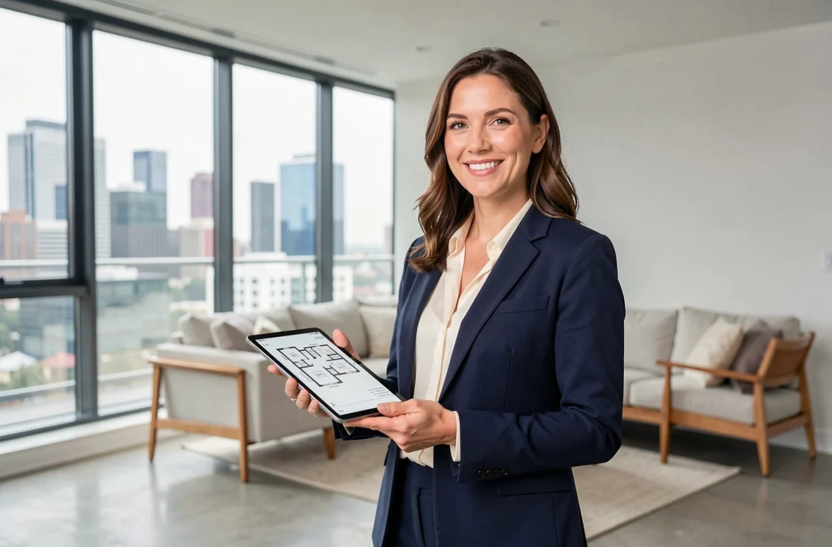 Agent immobilière dans un appartement moderne avec vue urbaine, présentant des plans sur tablette