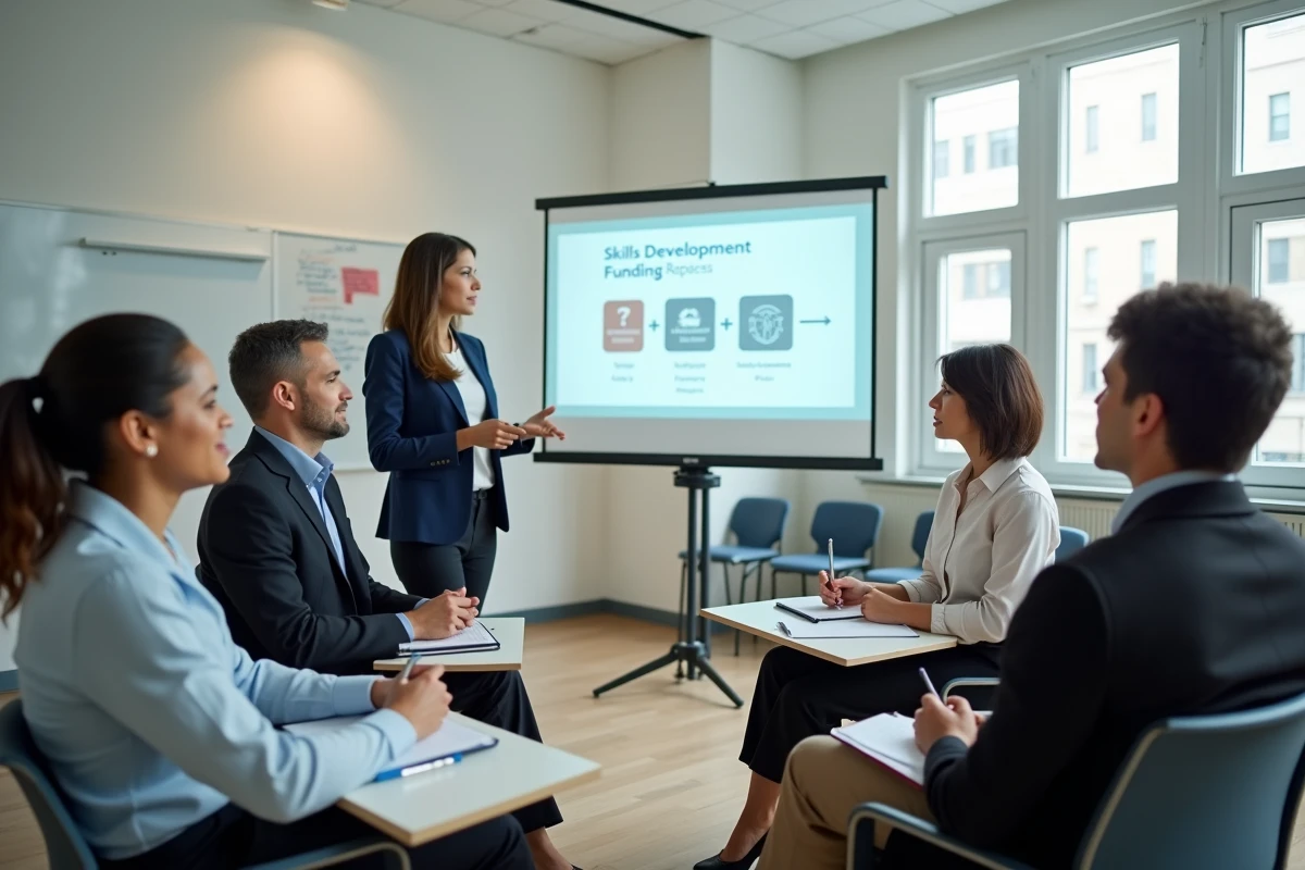 Groupe d'agents de la fonction publique participant à un atelier de formation professionnelle financé par l'OPCO dans une salle municipale