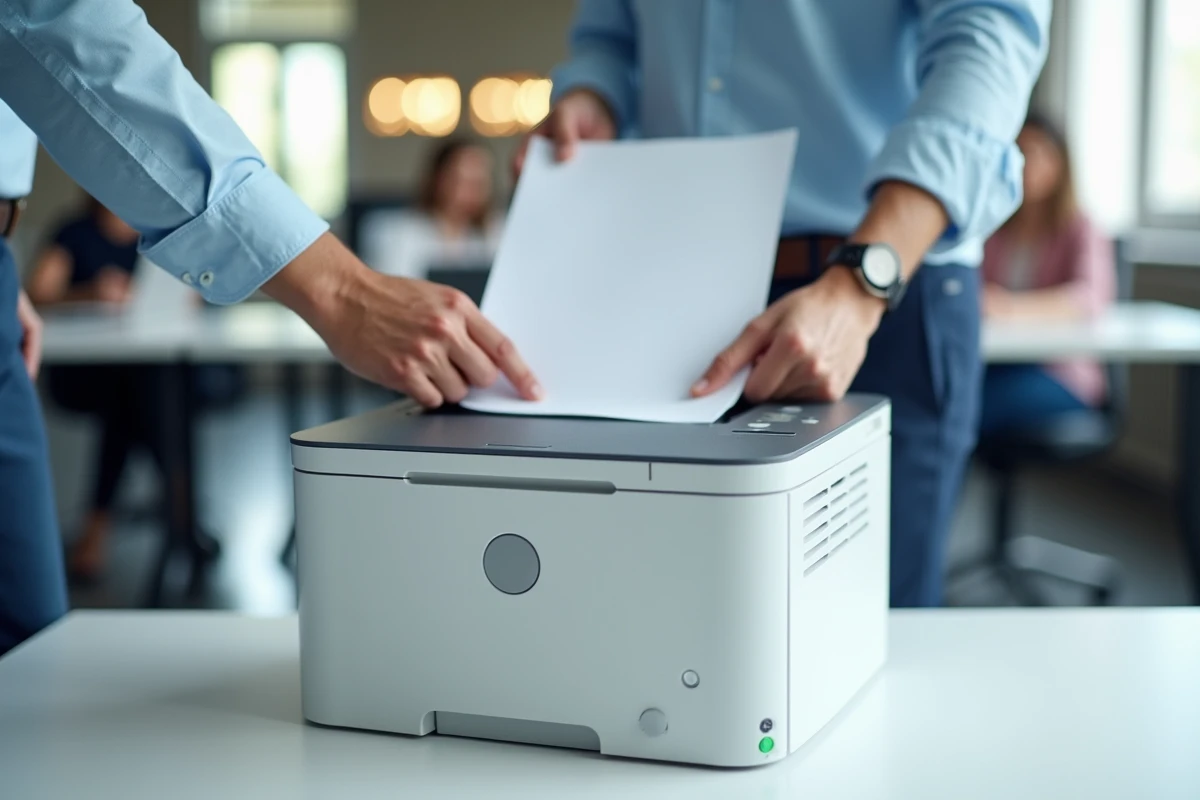 Chargement du bac papier d'une imprimante laser couleur multifonction Brother dans un bureau professionnel