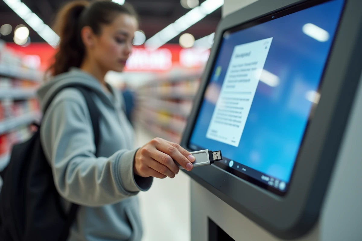 Clé USB insérée dans une borne d'impression en libre-service Carrefour avec aperçu du document à l'écran