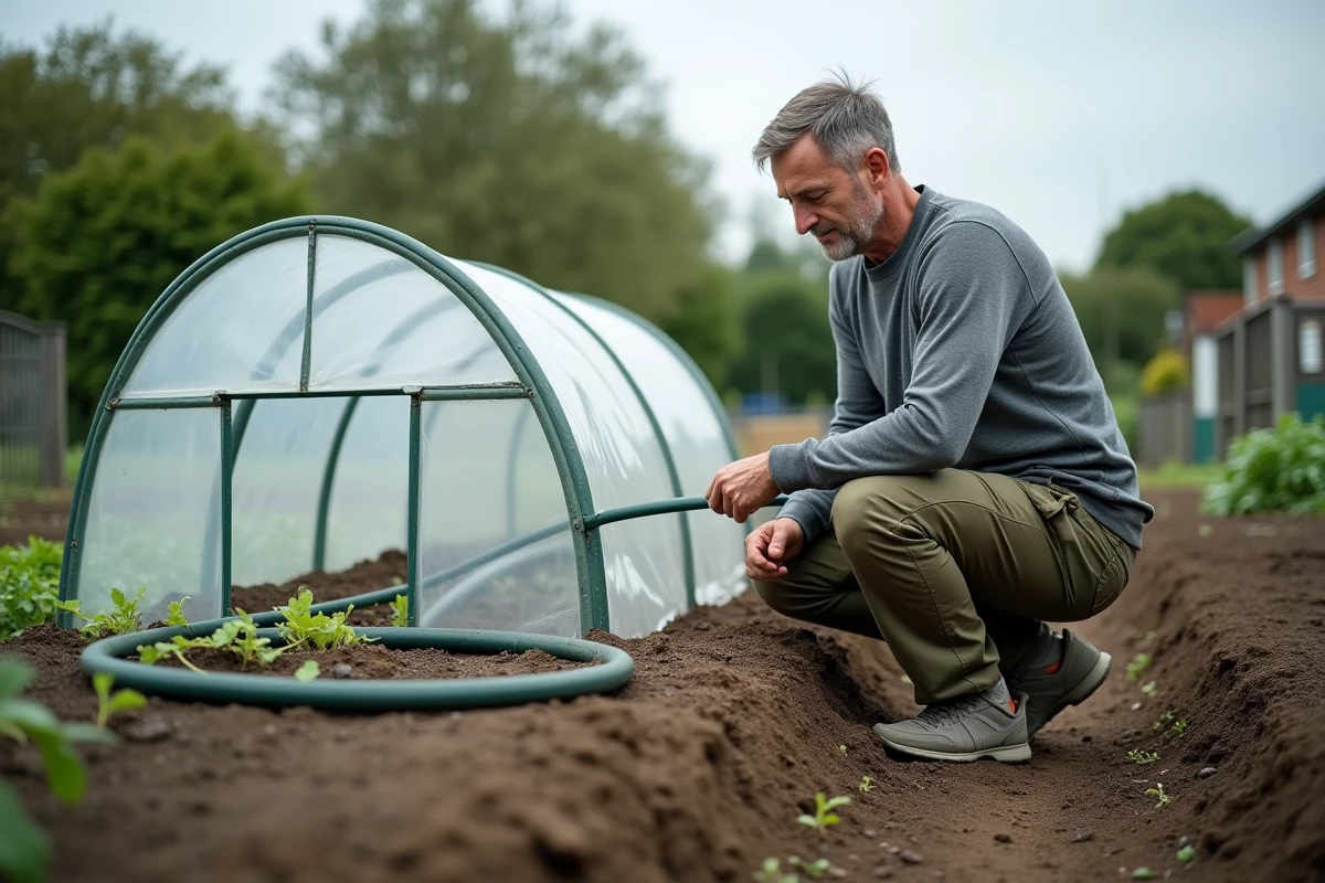 Homme comparant des arceaux de tunnel de serre en acier galvanisé et en fibre de verre dans un jardin potager