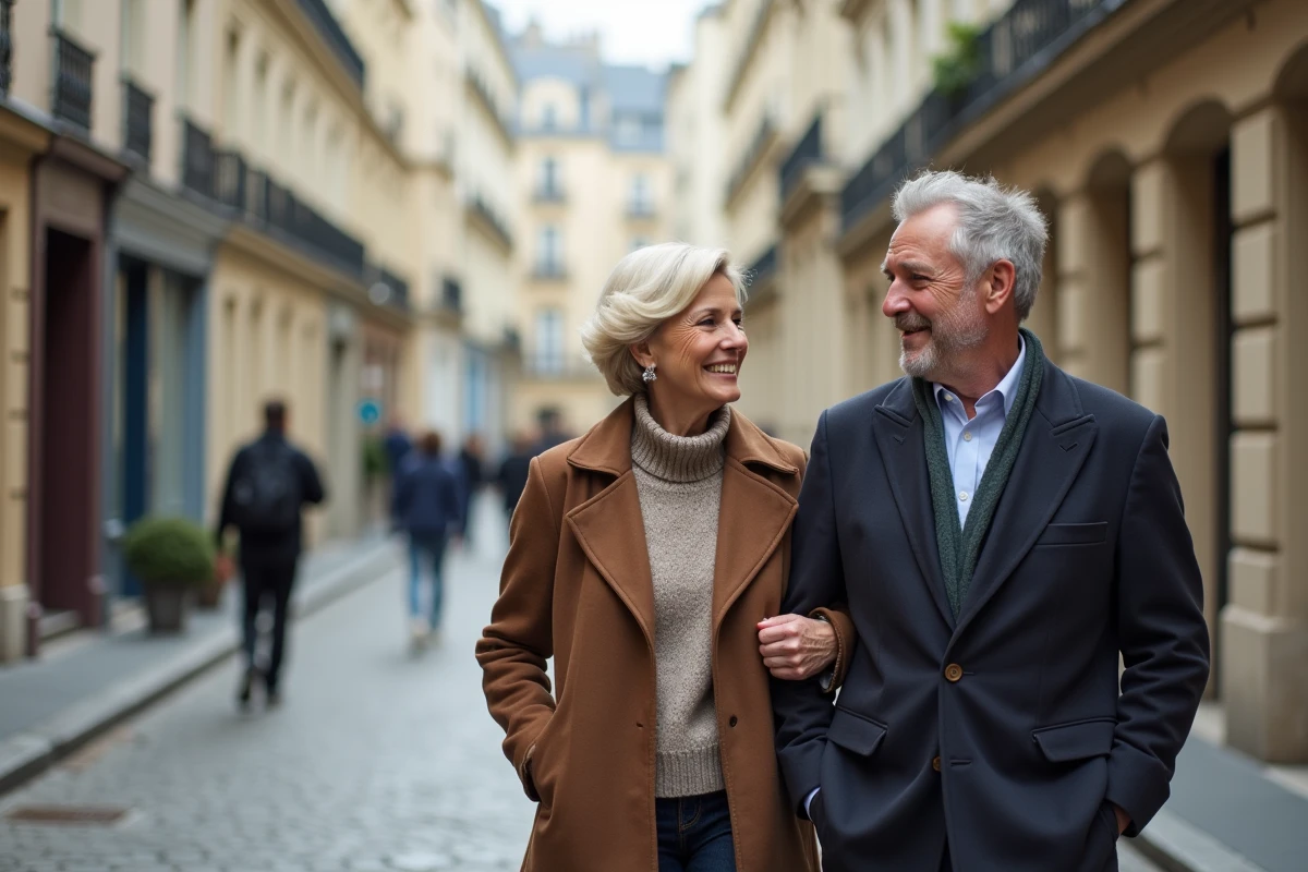 Couple élégant se promenant dans une rue parisienne bâtiments haussmanniens atmosphère intime