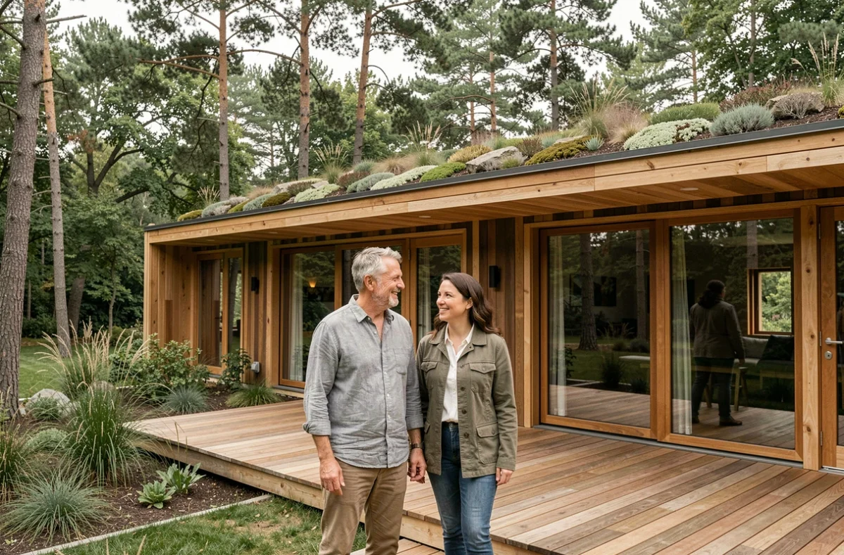 Couple devant une maison écologique en bois avec terrasse et jardin paysager, tendance immobilière durable