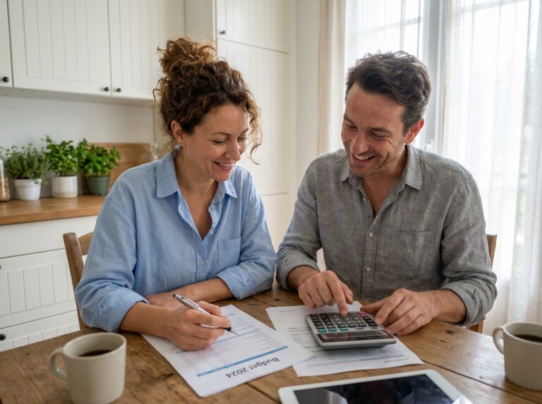 Couple examinant des documents de rachat de crédits autour d'une table de cuisine avec calculatrice et papiers financiers