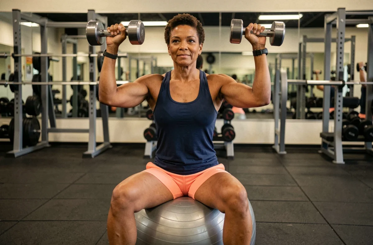 Femme d'âge moyen assise sur un ballon de gym effectuant un développé épaules avec haltères dans une salle de fitness