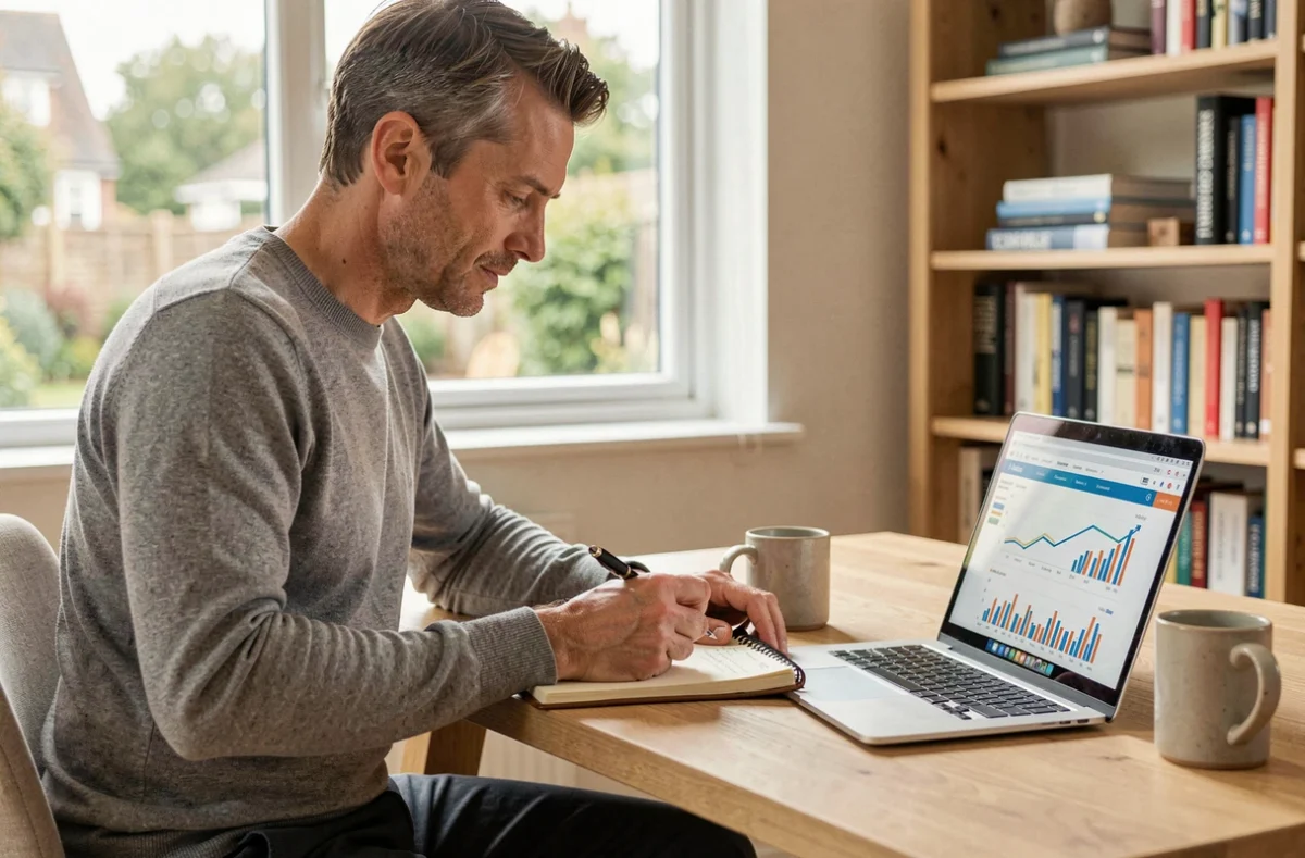 Entrepreneur concentré analysant les performances de son entreprise sur un ordinateur portable dans un bureau à domicile