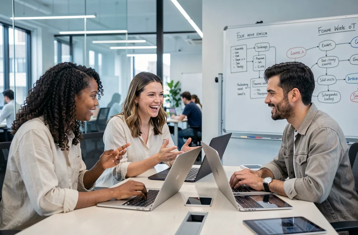 Équipe de professionnels collaborant autour d'outils numériques pour optimiser leur activité grâce aux services en ligne