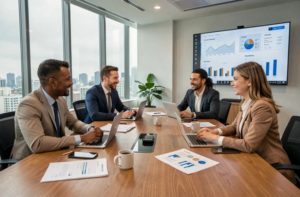 Équipe de professionnels en réunion d'affaires autour d'une table de conférence avec données analytiques