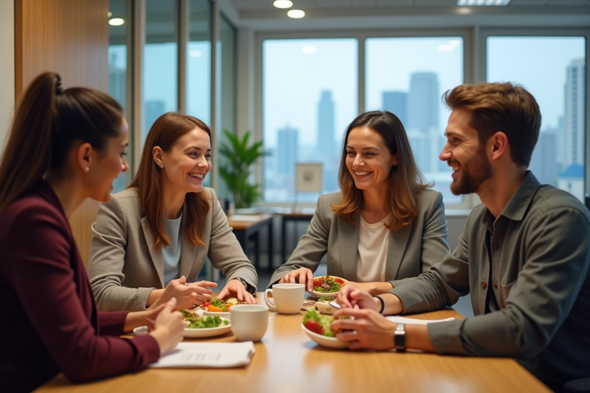 Groupe de collègues discutant de nutrition au déjeuner