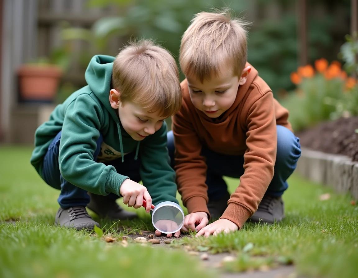 Deux garçons curieux explorant la nature avec une loupe dans un jardin