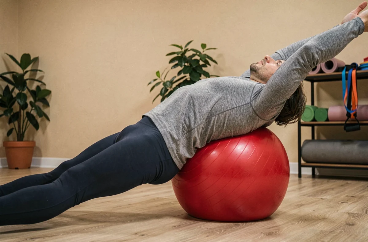 Homme réalisant un exercice d'extension dorsale sur un ballon de gym rouge dans un studio de rééducation
