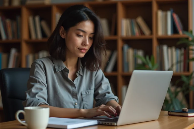 Femme consultant des actualités alternatives sur son ordinateur portable dans un bureau à domicile