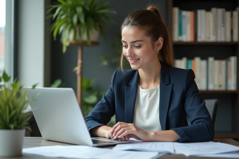 Jeune femme d affaires au bureau en pleine concentration