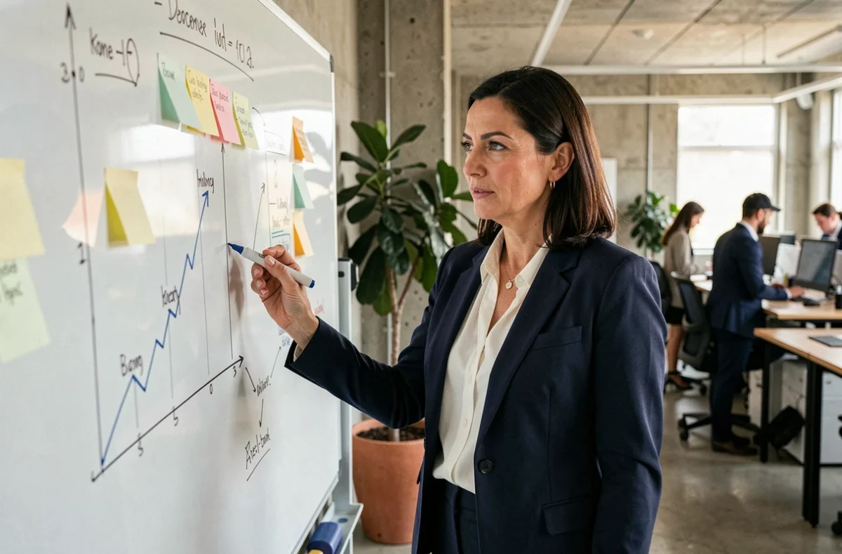 Femme d'affaires présentant une stratégie de croissance sur un tableau blanc dans un bureau moderne