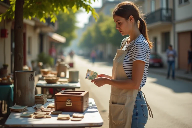 Femme comptant ses billets et pièces dans une caisse en bois lors d'un vide-grenier en plein air