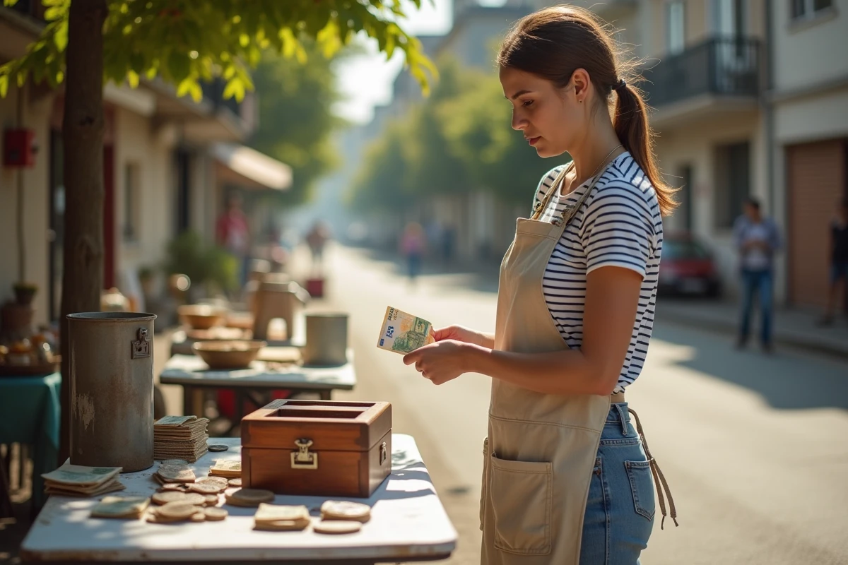 Femme comptant ses billets et pièces dans une caisse en bois lors d'un vide-grenier en plein air