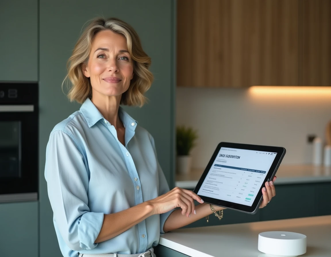 Femme dans une cuisine connectée comparant les options d'abonnement Tuya sur tablette