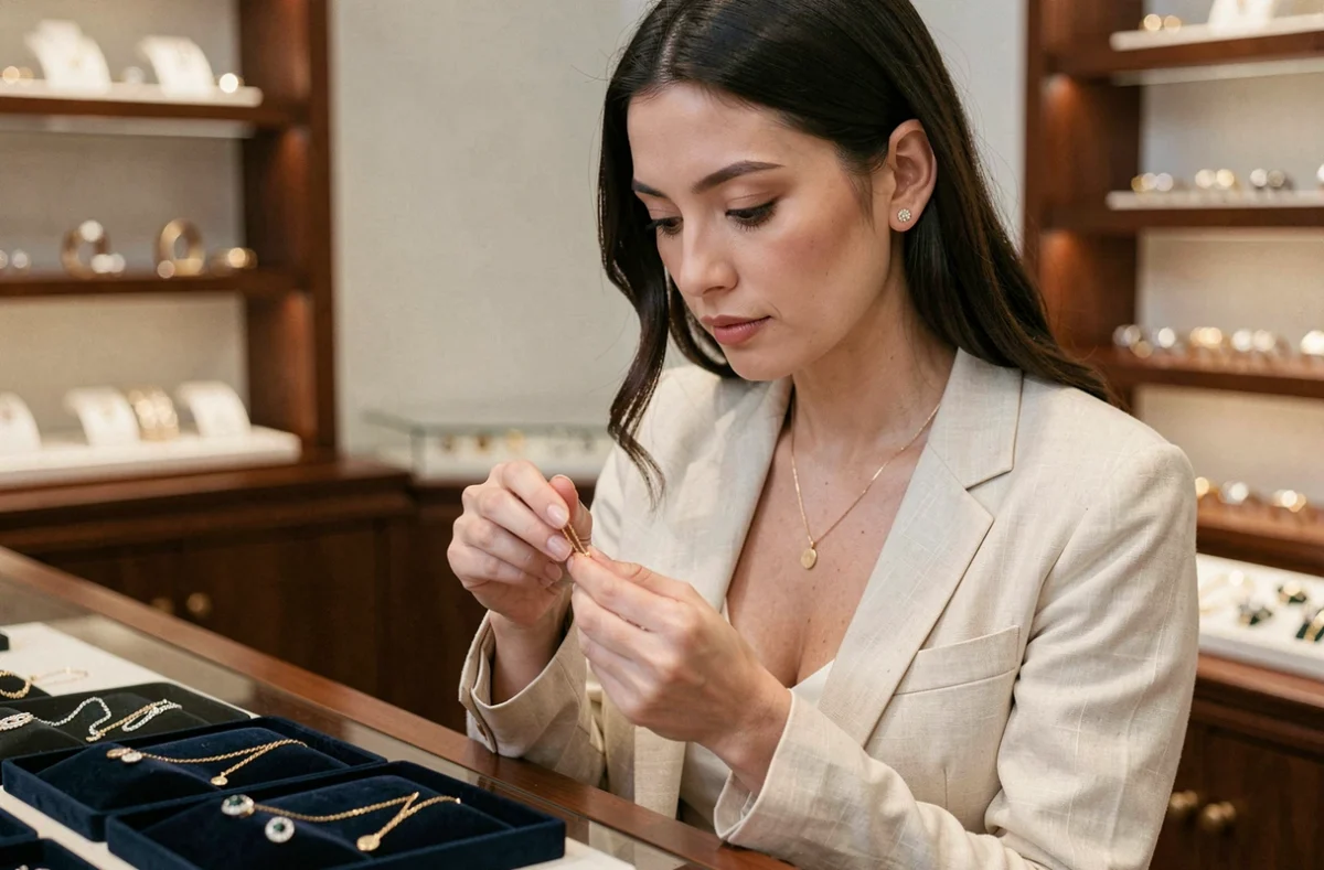 Femme examinant un bijou SRD en or dans une boutique de joaillerie, regard concentré sur un collier délicat posé sur un plateau en velours