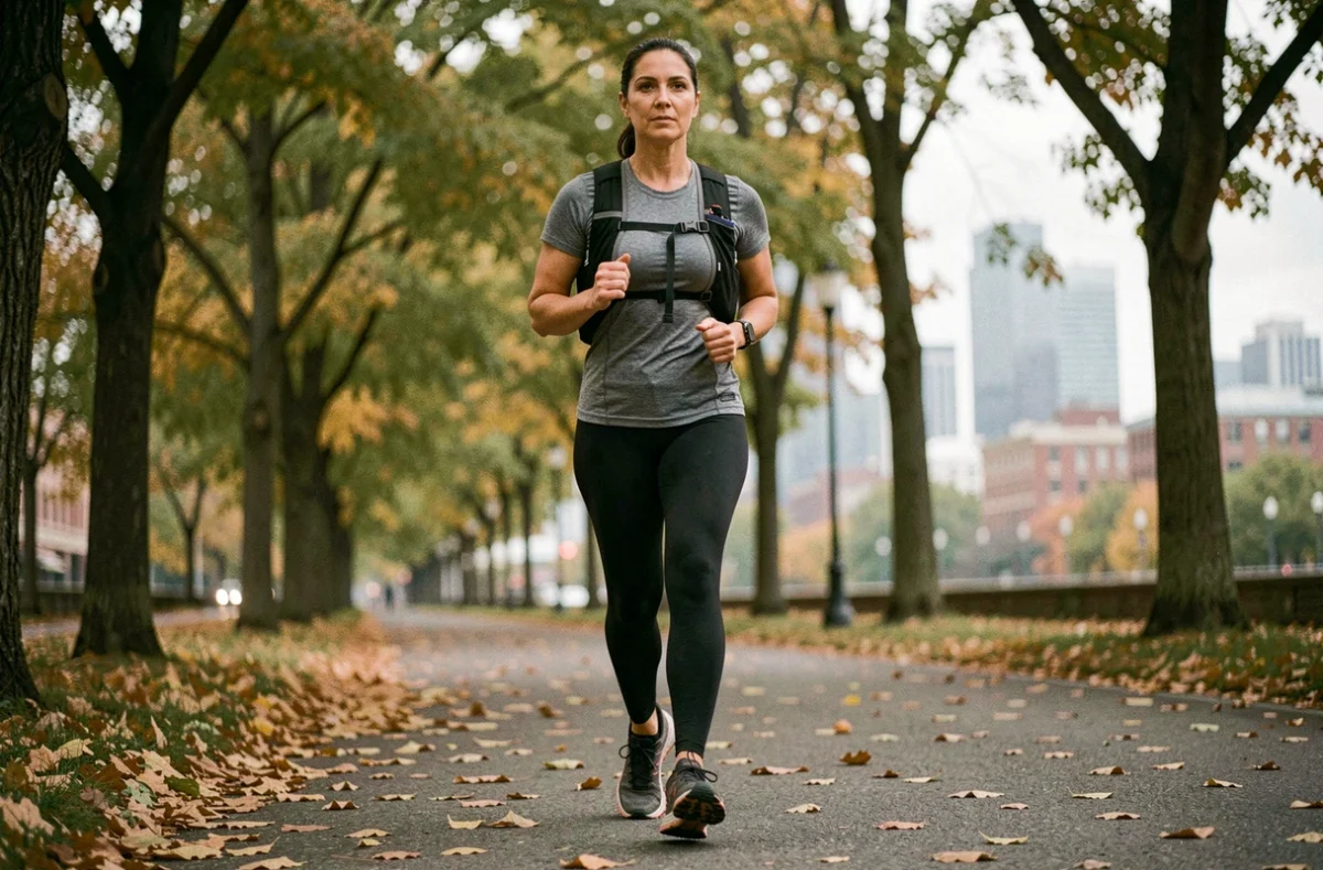 Femme de 45 ans marchant sur un chemin urbain boisé en automne avec un sac d'hydratation, illustrant les bienfaits de la marche prolongée