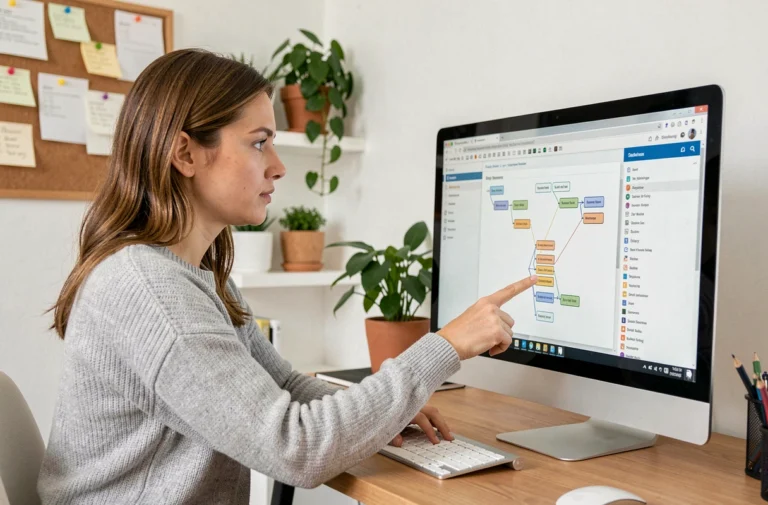 Femme utilisant un plan de site sur un écran d'ordinateur dans un bureau à domicile organisé