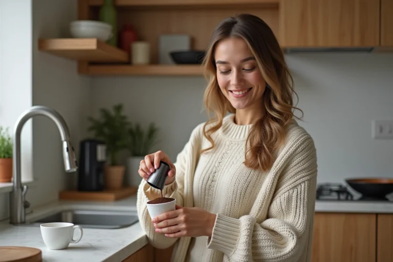 Femme en pull tricoté préparant un café réutilisable dans la cuisine