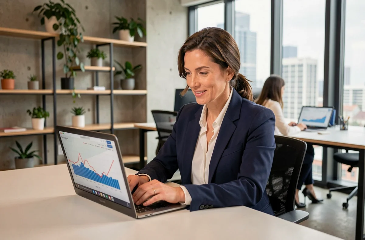 Femme professionnelle optimisant son activité grâce aux services en ligne sur son ordinateur portable dans un bureau moderne
