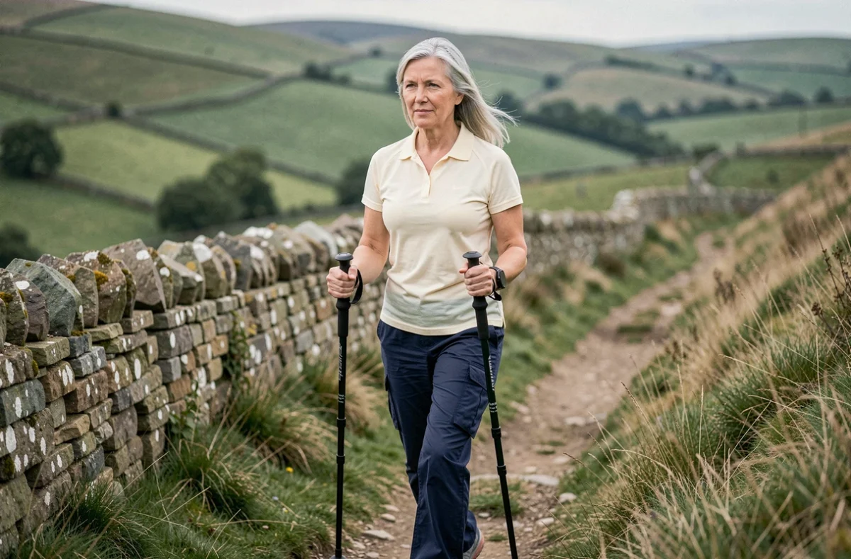 Femme de 55 ans marchant avec des bâtons de randonnée sur un sentier de campagne vallonné, illustrant les bienfaits cardiovasculaires et musculaires de la marche quotidienne prolongée