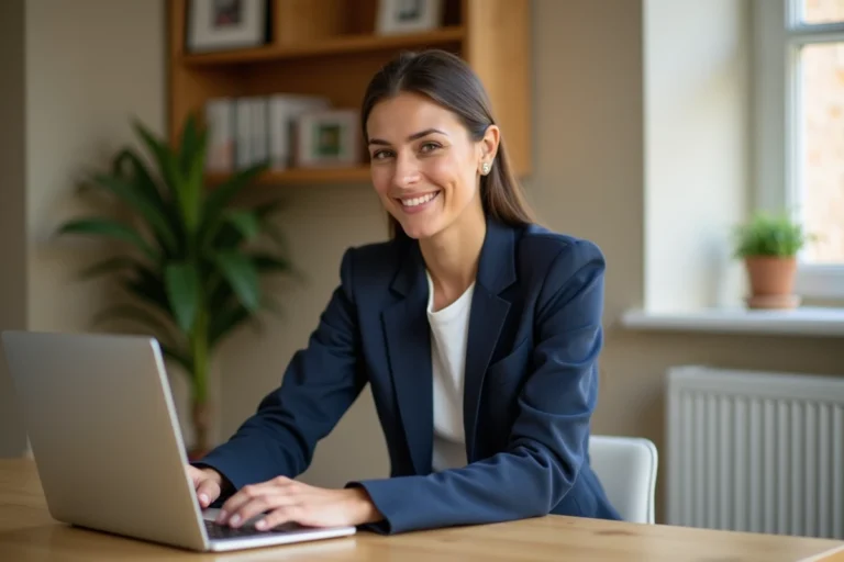 Femme professionnelle cherchant un emploi sur une plateforme spécialisée depuis son bureau à domicile