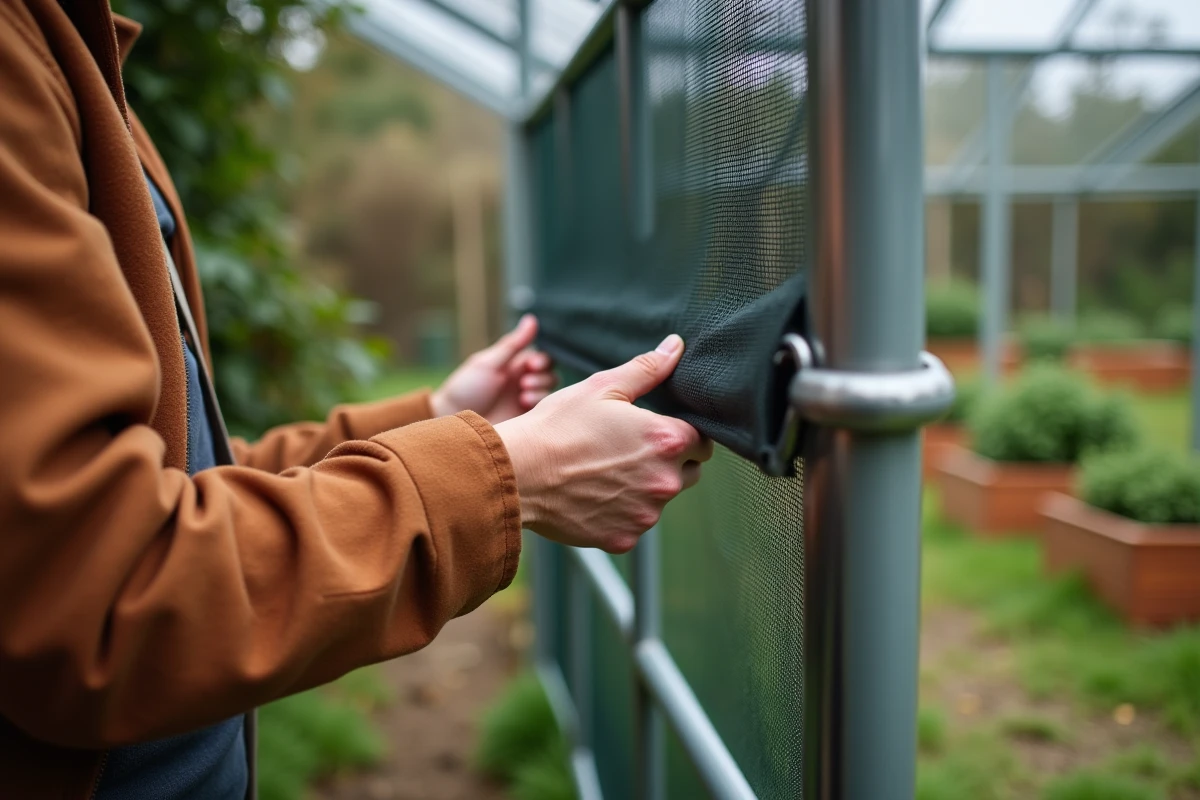 Gros plan sur la fixation d'une bâche d'ombrage en polypropylène sur une structure de serre de jardin avec des clips