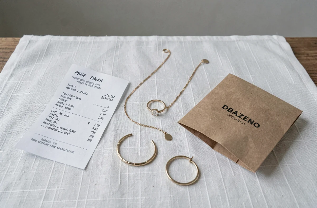 Flat lay de bijoux SRD en or disposés sur du lin blanc avec un sachet kraft et un reçu, vue de dessus pour un article de guide d'achat