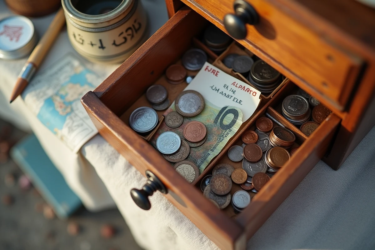 Vue aérienne d'un fond de caisse en bois bien organisé avec pièces et billets pour un vide-grenier