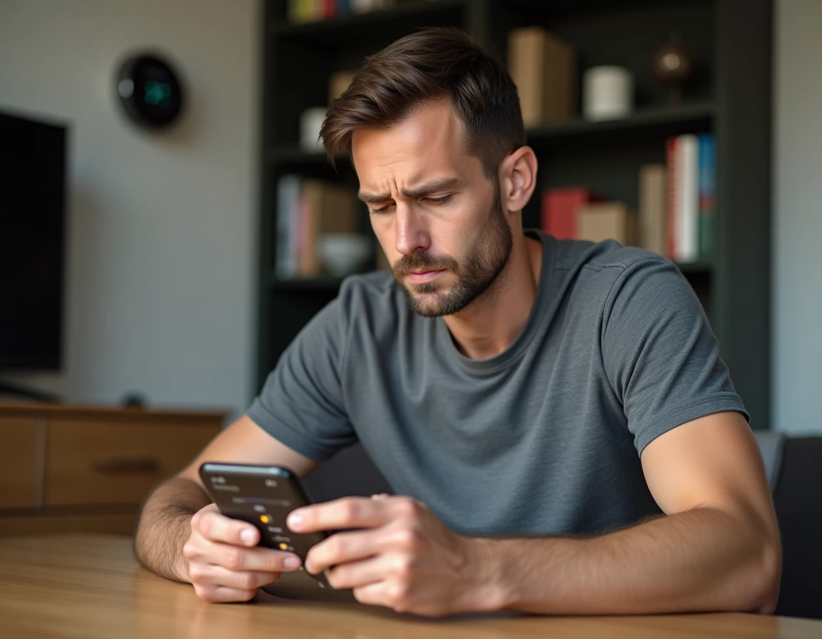 Homme examinant une application domotique Tuya sur smartphone pour décider si l'abonnement vaut la peine