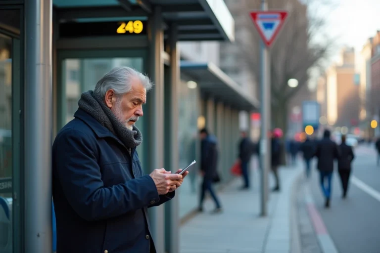 Homme d'âge moyen regardant son téléphone à un arrêt de bus