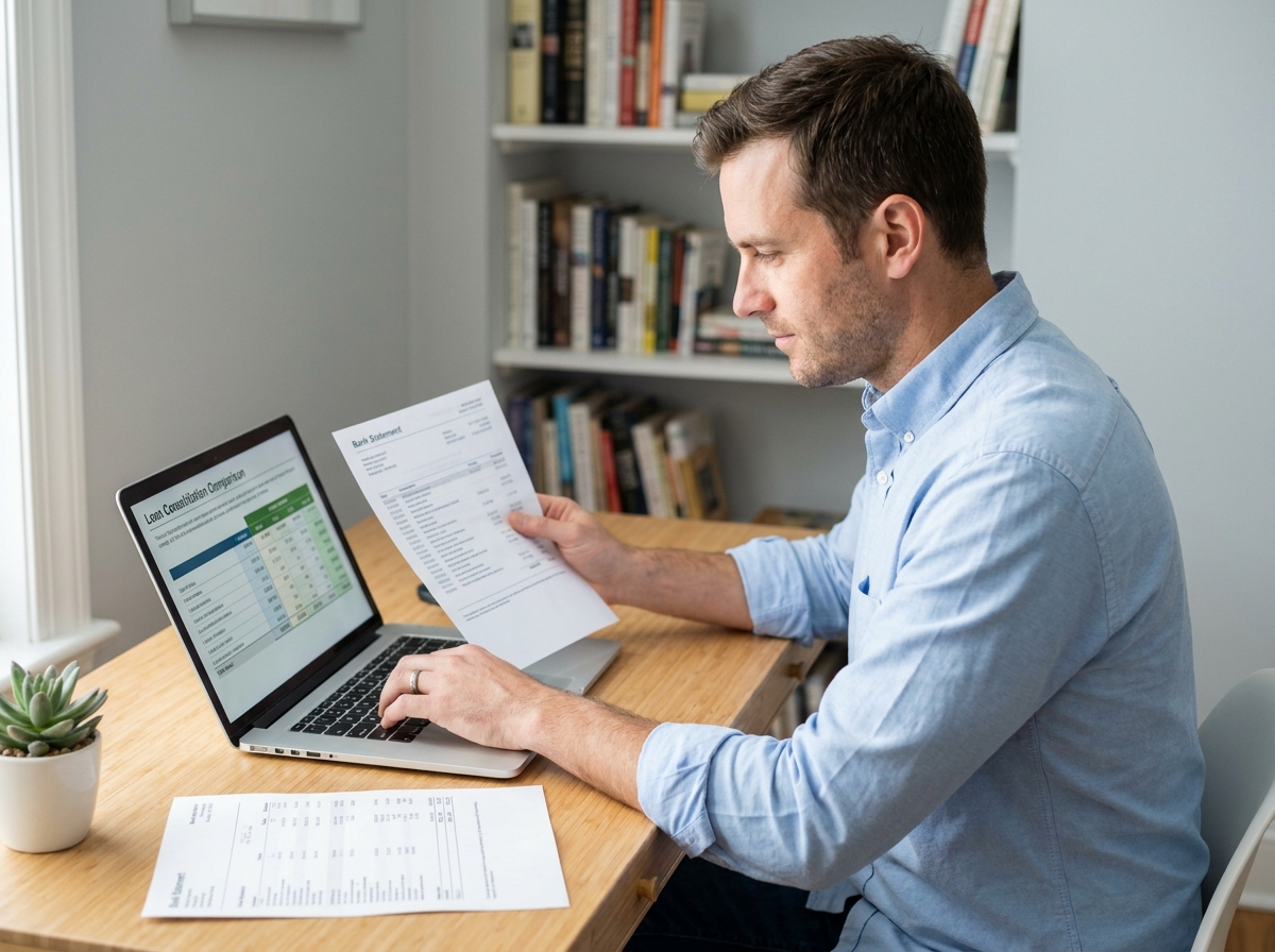 Homme seul à son bureau consultant un document de regroupement de crédits sur ordinateur portable