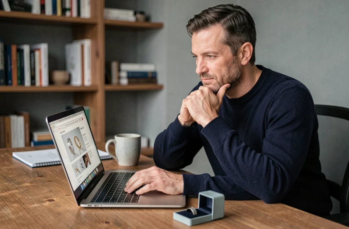 Homme consultant un avis sur les bijoux SRD en ligne depuis son bureau à domicile avec une boîte à bague ouverte posée à côté de son ordinateur portable