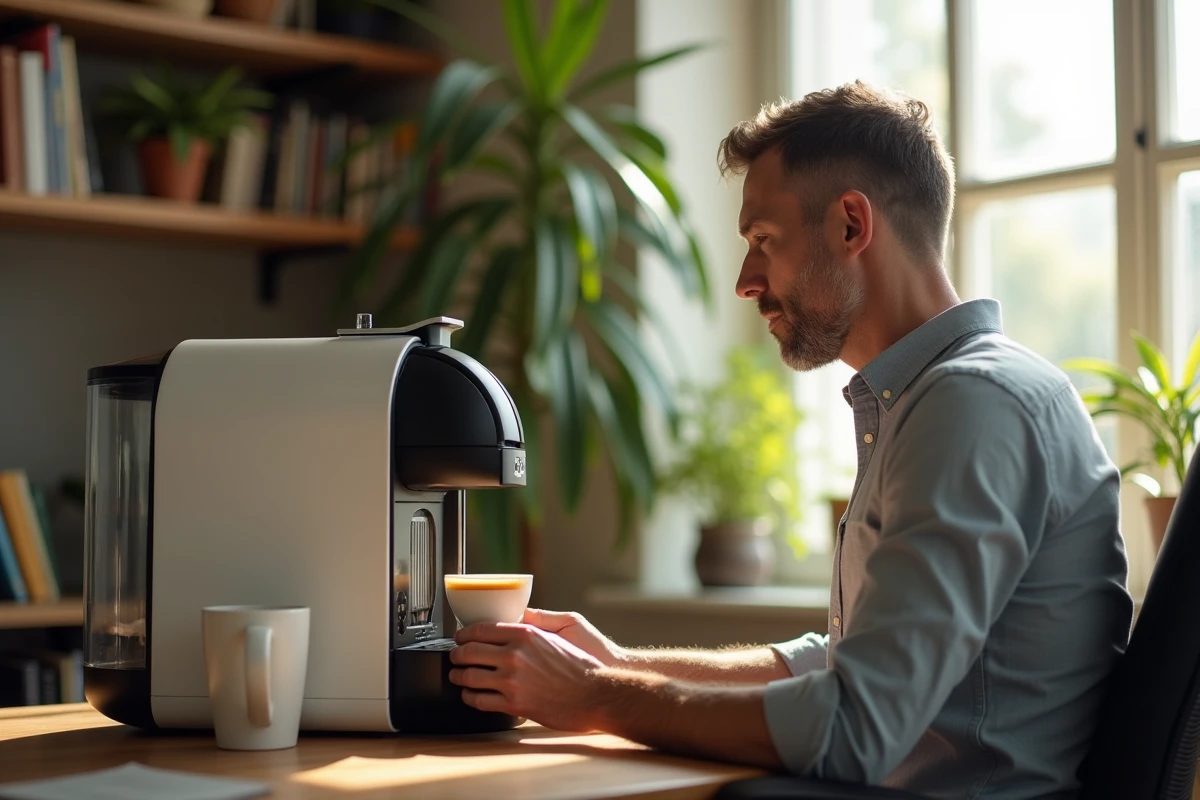 Homme insérant une capsule de café dans une machine Senseo