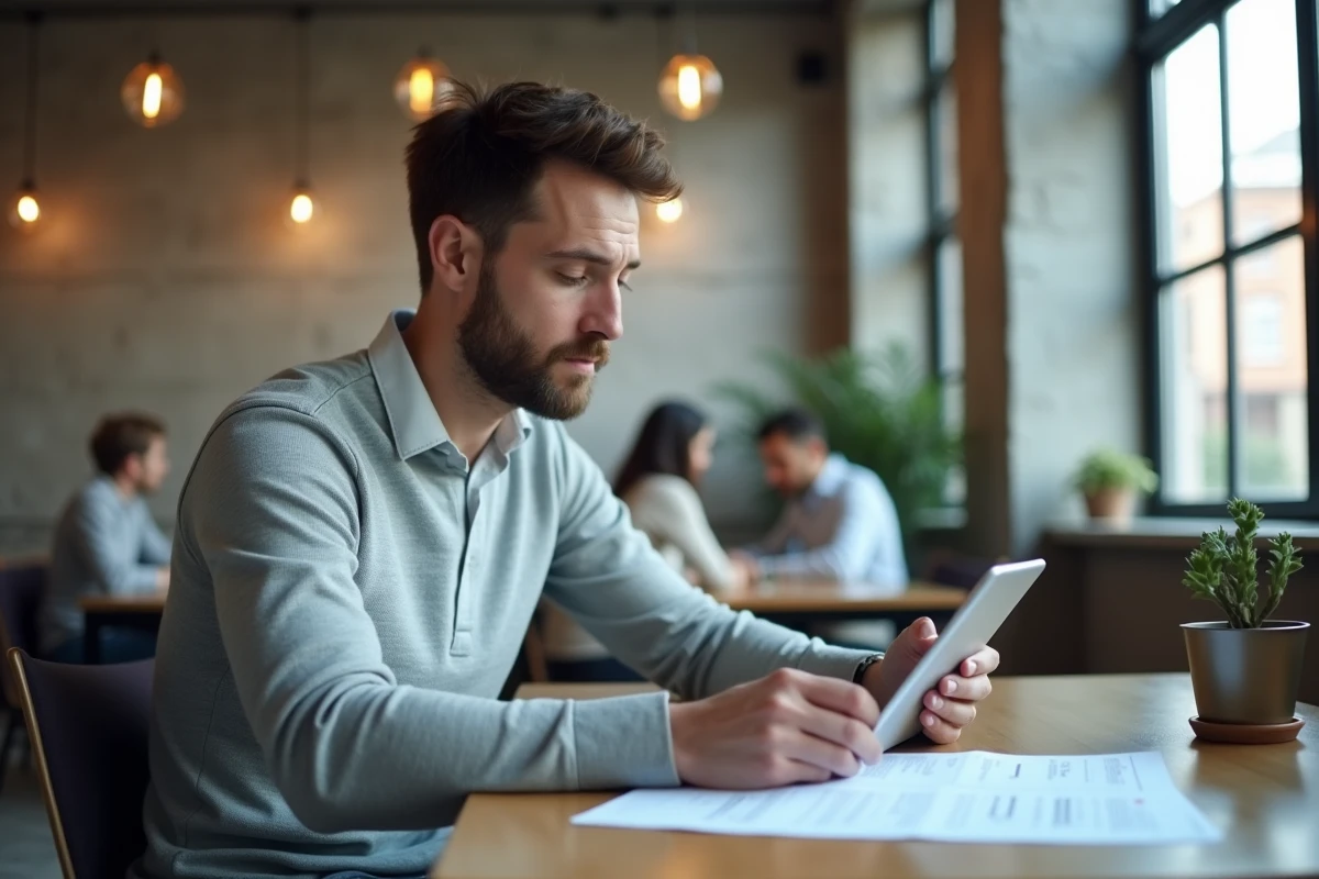 Jeune homme consultant des offres d'emploi sur tablette dans un espace de coworking moderne