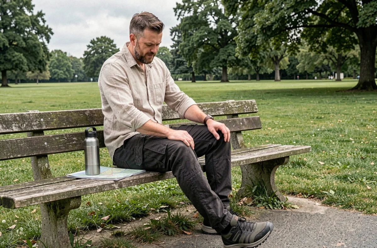 Homme en pause sur un banc de parc se massant le mollet après plusieurs heures de marche, évoquant la fatigue musculaire et les risques de la marche intense