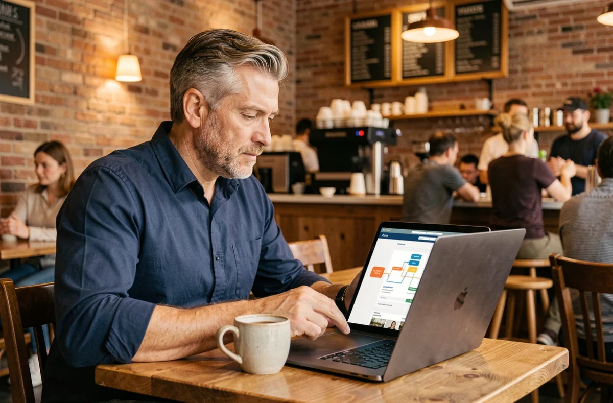 Homme consultant le plan de site d'une boutique en ligne sur un ordinateur portable dans un café