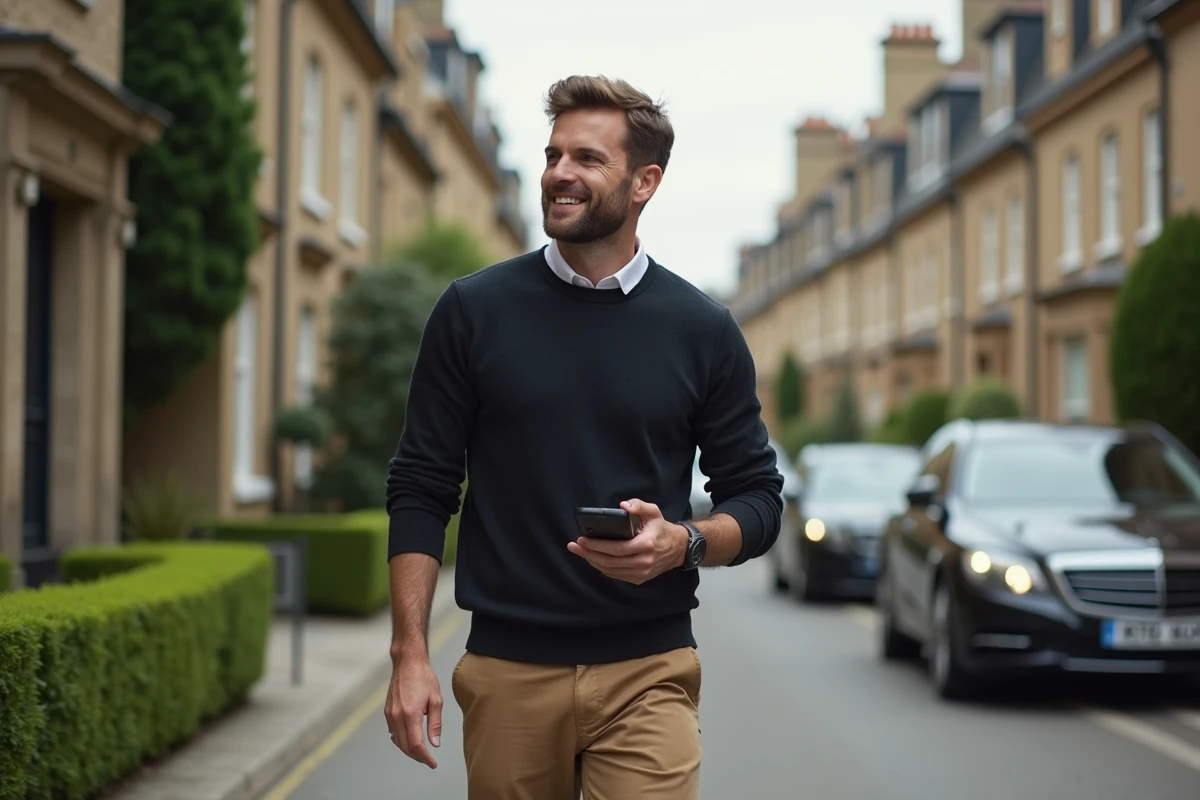 Homme décontracté marchant dans une rue résidentielle chic