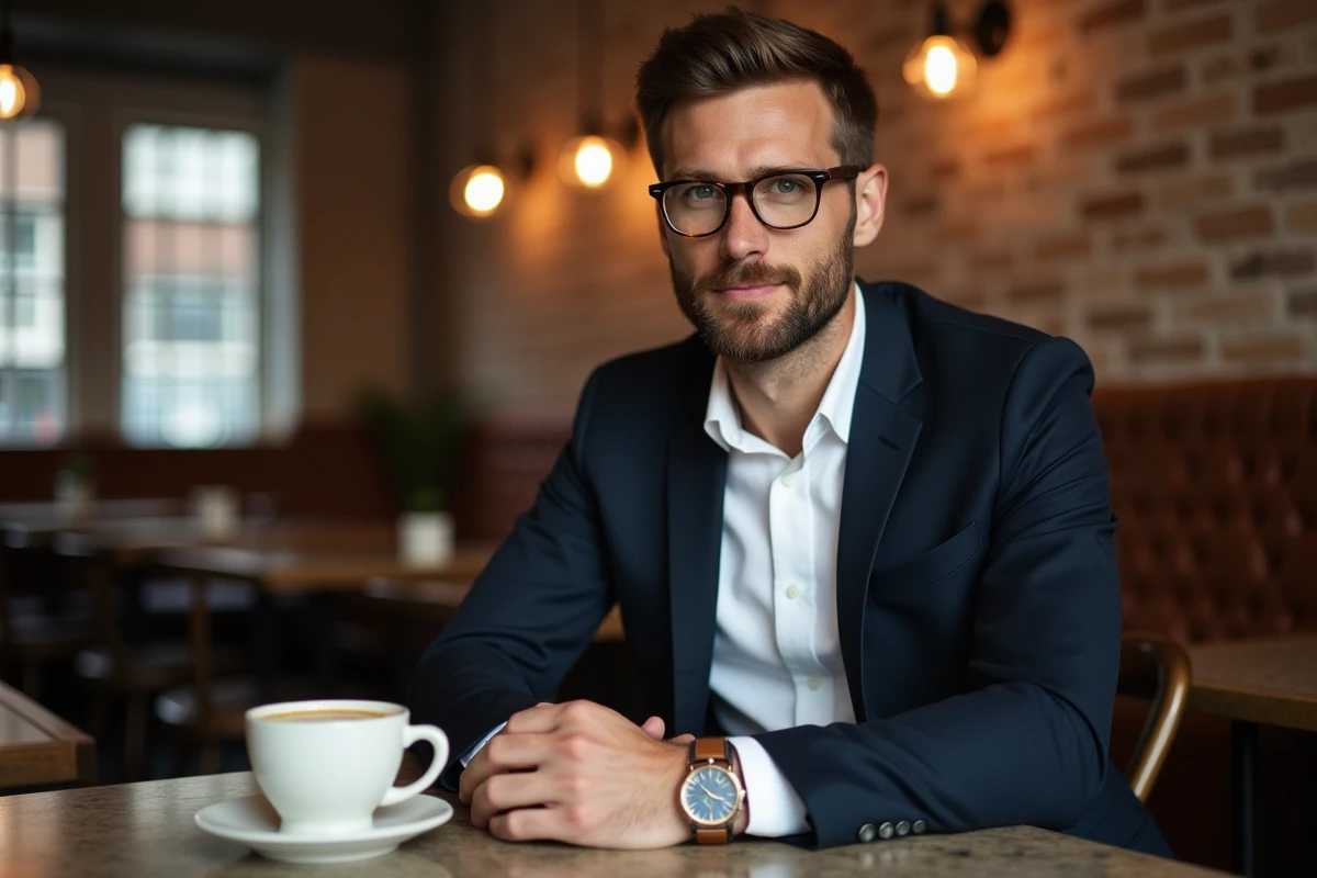 Homme stylé avec montre argentée, lunettes écaille et ceinture en cuir attablé dans un café parisien