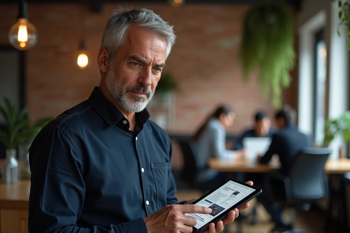 Homme consultant une application d'actualités alternatives sur tablette dans un espace de coworking