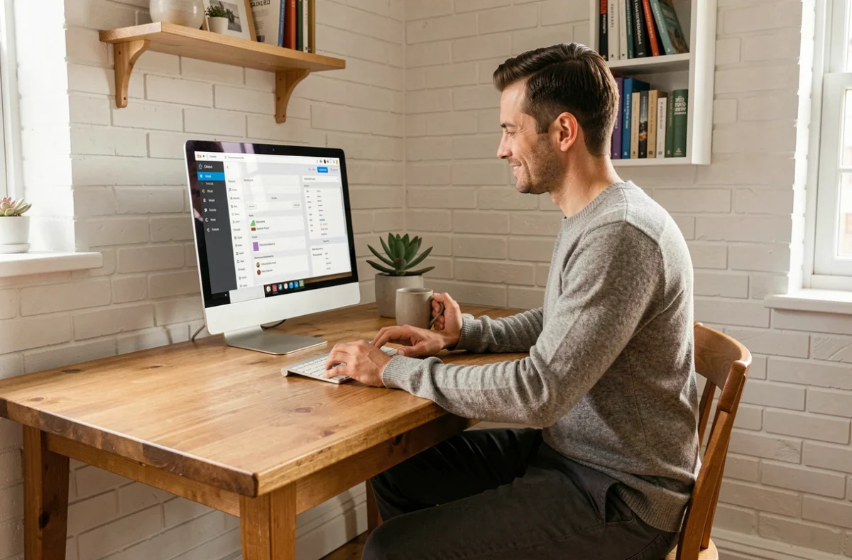 Homme en télétravail gérant son activité professionnelle via des outils de gestion en ligne depuis son domicile