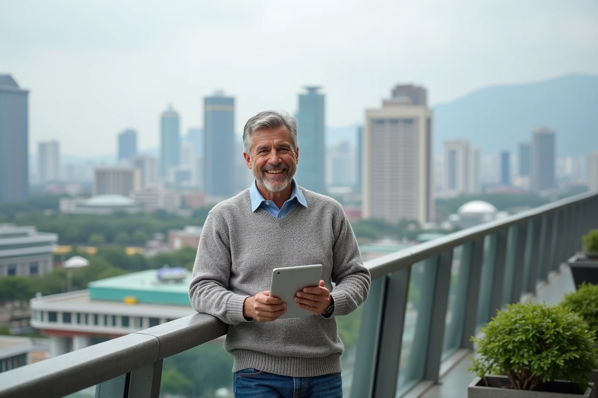 Homme d age sur une terrasse avec vue urbaine