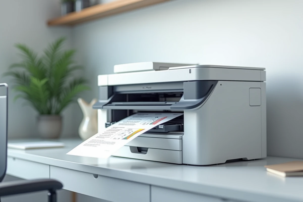 Document couleur imprimé sortant du bac de sortie d'une imprimante Brother DCP-L3550CDW sur un bureau minimaliste