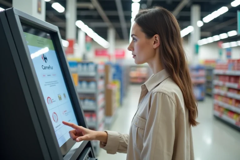Femme utilisant une borne d'impression en libre-service dans un hypermarché Carrefour
